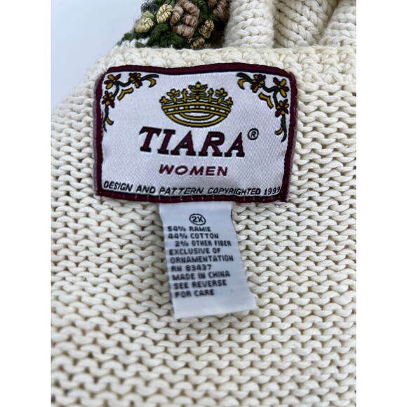Vintage Christmas Tree Sweater Ivory Neutrals Gold Beaded Embellished by Tiara - Picture 3 of 8